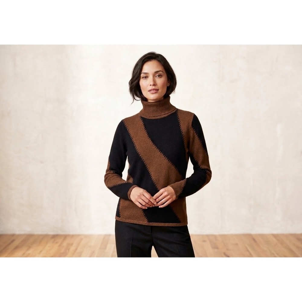 Belford Cashmere Turtleneck Sweater Brown Black Diagonal Stripe Whipstitch M